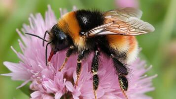 A bee on a pink flower with green grass photo