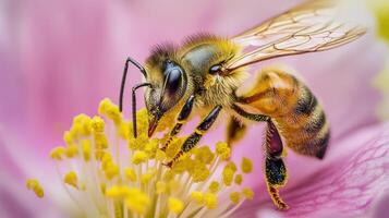 Close-up view of a honeybee on a pink flower. photo