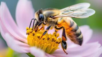 Close-up of a honeybee collecting pollen on a flower. photo