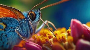 Close-up view of a vibrant blue butterfly on a flower. photo