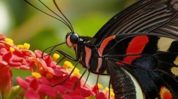Close-up view of a striking butterfly on vibrant flowers. photo
