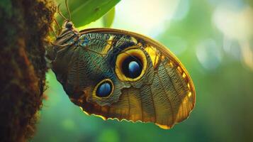 Close-up view of a beautiful butterfly on a tree trunk. photo
