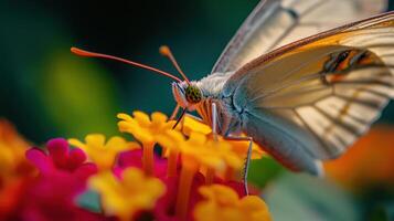 Close-up view of a butterfly feeding on vibrant flowers. photo