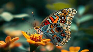 Vibrant butterfly resting delicately on a flower. photo