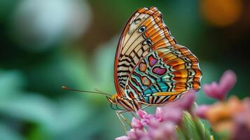 A vibrant butterfly with intricate patterned wings rests on a flower cluster. photo