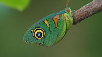 Close-up of a vibrant green butterfly resting on a branch. photo