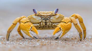 Close-up view of a vibrant yellow crab on sandy ground. photo