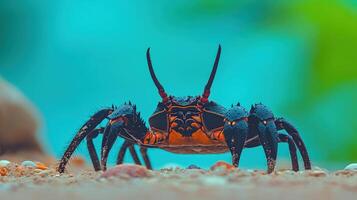 Close-up view of a colorful crab on sandy ground. photo
