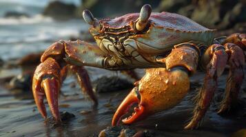 Close-up of a large crab on a rocky shoreline. photo