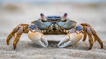 Close-up view of a crab on sandy beach. photo