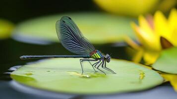 Vibrant dragonfly resting on a lily pad in a pond. photo