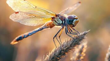 Close-up of a dragonfly resting on a blade of grass. photo