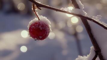 Frozen red berry on snowy branch in winter sunlight. photo
