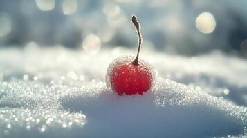 Frozen red fruit nestled in winter snow. photo