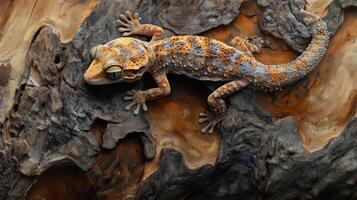 Close-up view of a gecko on a textured tree bark. photo