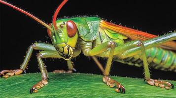 Close-up view of a vibrant colorful grasshopper. photo