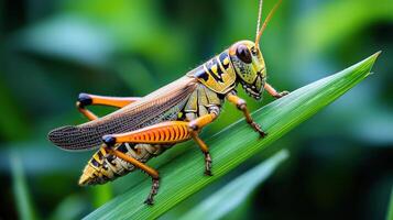 Close-up of a colorful grasshopper resting on a blade of grass. photo
