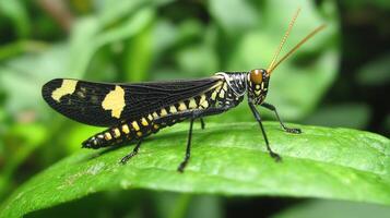 Close-up of a colorful insect on a leaf. photo