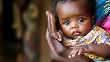 Close-up view of a baby held lovingly in caring hands. photo