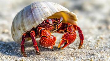 Close-up view of a hermit crab inside a seashell on sand. photo