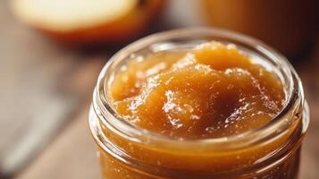 Close-up view of sauce in a glass jar. photo