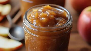 Close-up view of homemade preserves in a glass jar. photo