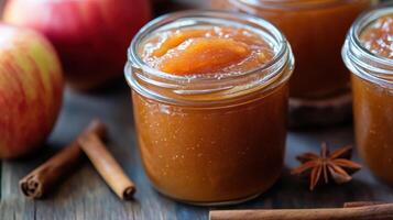 Homemade sauce in glass jars with spices. photo