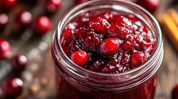 Close up of cranberry sauce in a glass jar. photo