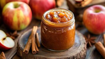 Homemade sauce in a glass jar, surrounded by apples and spices. photo