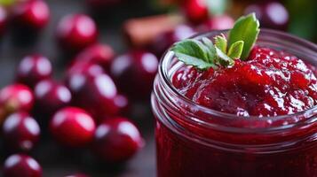 Close-up of a glass jar filled with delicious cranberry sauce. photo