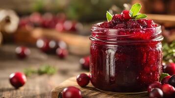Close-up of a jar of vibrant cranberry sauce. photo