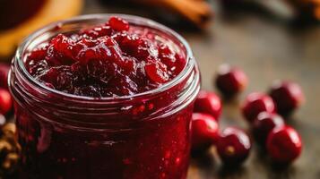 Close-up of homemade cranberry sauce in a glass jar. photo