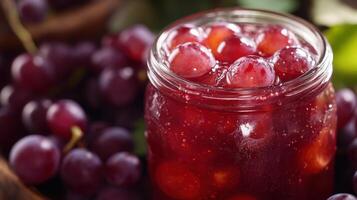 Close-up view of a glass jar filled with red grape preserve. photo
