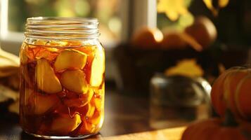Preserved pumpkin pieces in a glass jar, autumnal setting. photo