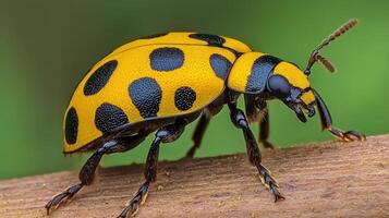 Close-up view of a colorful ladybug on a twig. photo