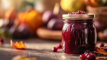 Close-up view of a glass jar filled with vibrant cranberry preserve. photo