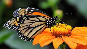 Close-up view of a monarch butterfly on a vibrant orange flower. photo