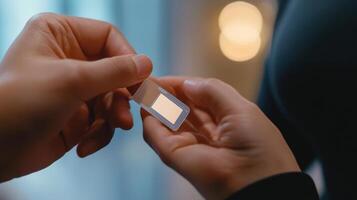 Close-up view of hands holding a small, rectangular, light-reflective object. photo