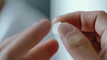 Close-up view of hands holding a round white pill. photo