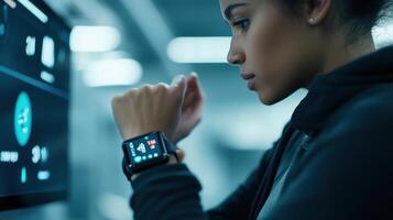 Close-up of a person examining a smart watch in a modern setting. photo