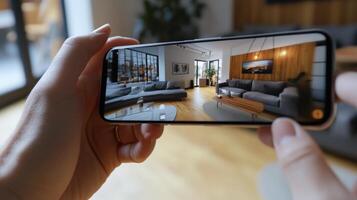 Interior design displayed on a smartphone. photo