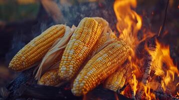 Roasted corn on fire with smoke and embers. photo