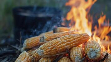 Corn cobs roasting over a vibrant fire. photo