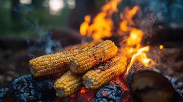 Grilled corn on the cob over a campfire. photo