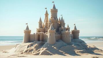 Majestic sandcastle on a sun-drenched beach. photo