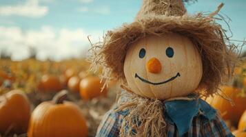 Smiling scarecrow in a pumpkin patch on a sunny day. photo