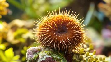 Close-up view of a spiny sea urchin on coral. photo
