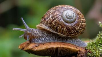 Close-up view of a garden snail on a forest mushroom. photo