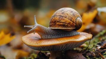 Close-up of a snail on a mushroom cap in autumnal foliage. photo