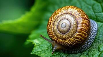 Close-up view of a snail's shell on a vibrant leaf. photo